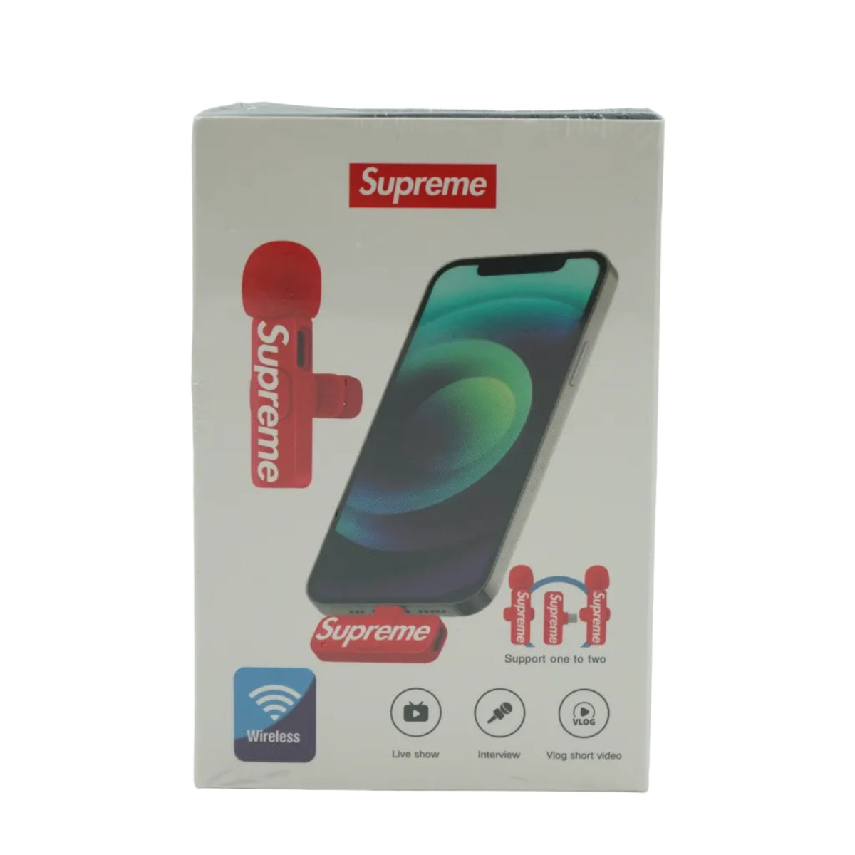 Brand new Supreme Mini Mics (Set of 2) in red with Supreme branding, front view