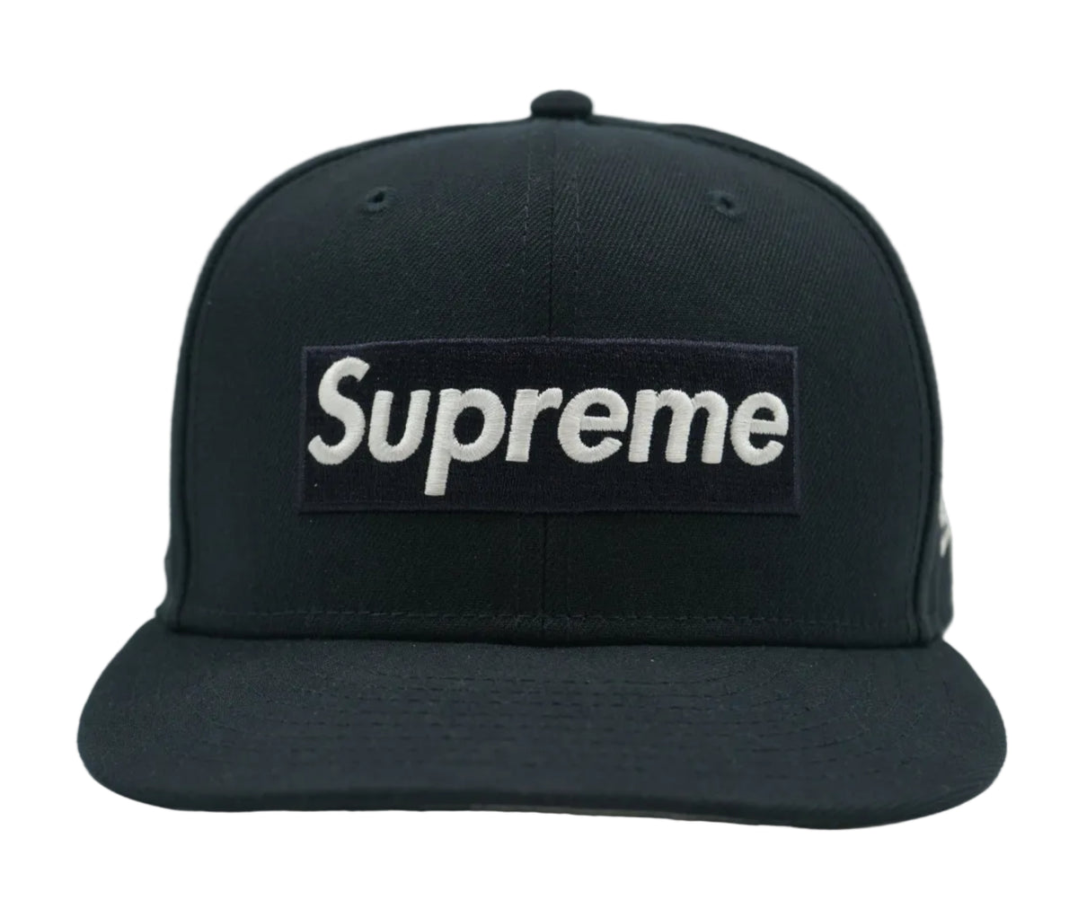 Pre-owned Supreme x New Era Grinch Box Logo Navy Blue Fitted Cap, front view of embroidered Box Logo