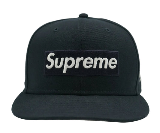 Pre-owned Supreme x New Era Grinch Box Logo Navy Blue Fitted Cap, front view of embroidered Box Logo