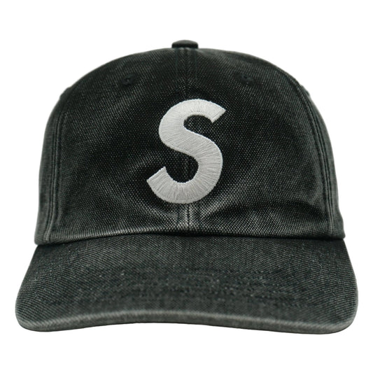 Supreme Pigment Coated S Logo 6-Panel cap in black, front view, with white embroidered S logo and faded washed finish.