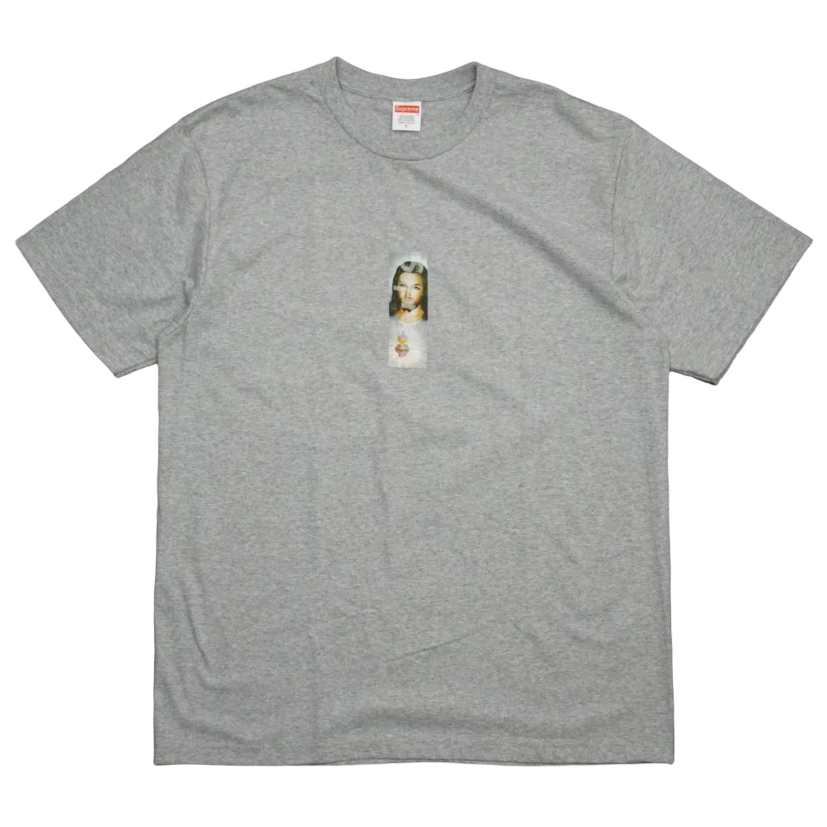 Brand new Supreme Prayer Card Box Logo Tee in heather grey from FW26, front view with prayer card print