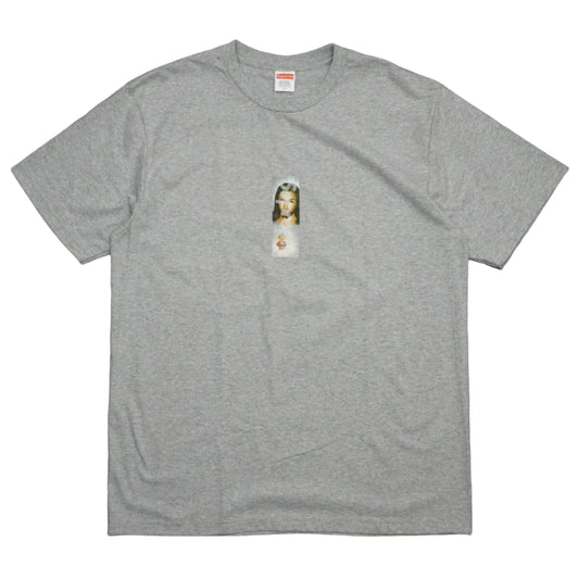Brand new Supreme Prayer Card Box Logo Tee in heather grey from FW26, front view with prayer card print