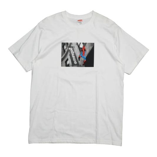 Brand new Supreme Spider-Man White T-Shirt SS26T56 with printed Spider-Man graphic, front view