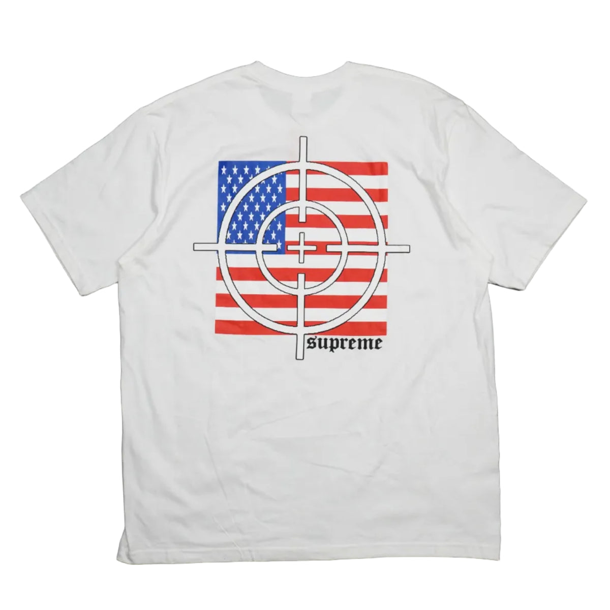 Brand new Supreme Target White T-Shirt, back view with American flag print, crosshair target and gothic Supreme logo
