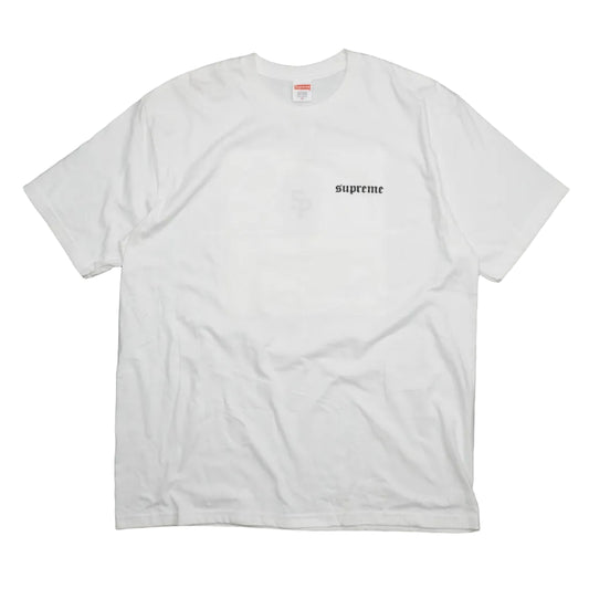 Brand new Supreme Target White T-Shirt FW25T27 with small gothic Supreme logo on the chest, front view