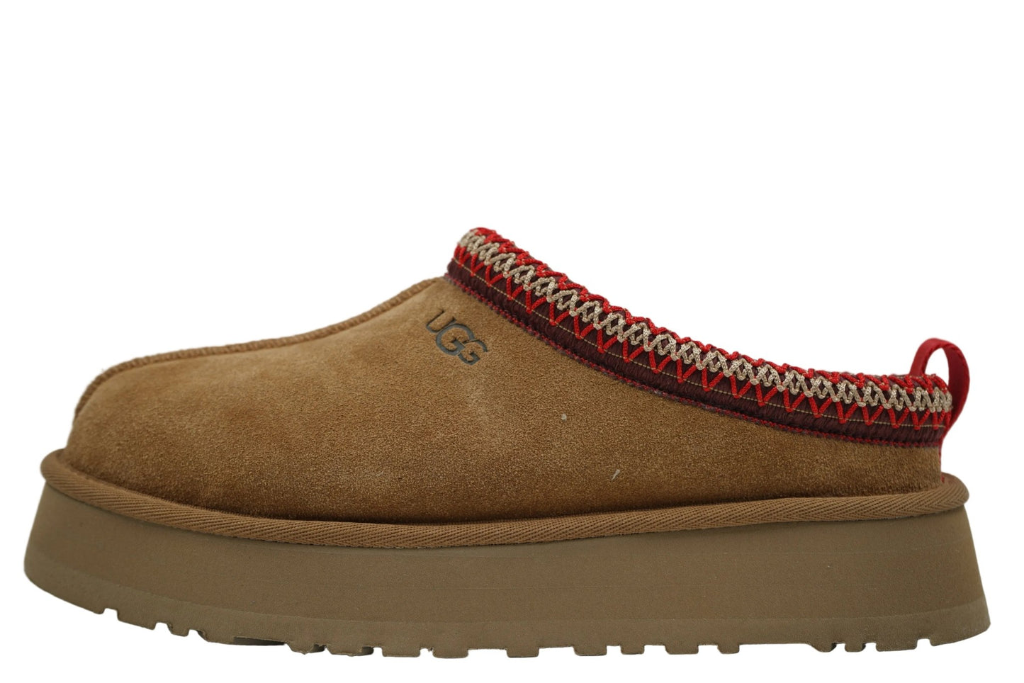 UGG Tazz Slipper in Chestnut featuring a suede upper, 1.5-inch platform sole, and signature Tasman braid embroidery. Trending platform footwear available at our Malmö store.