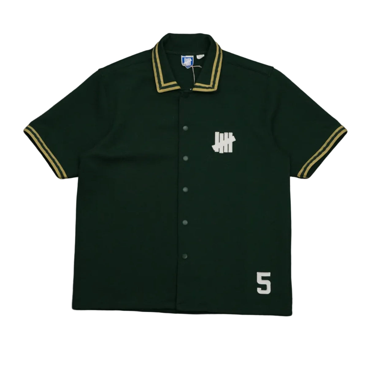 Pre-owned Undefeated snap button shirt in dark green with gold striped trim and 5 Strike logo patch, front view