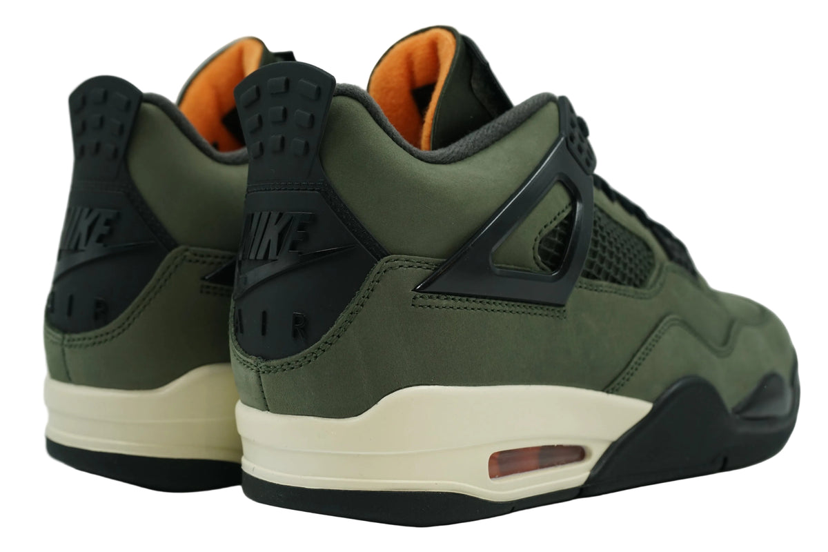 Brand new Undefeated x Air Jordan 4 2025 with Nike Air heel tab, orange lining and orange Air unit, rear view