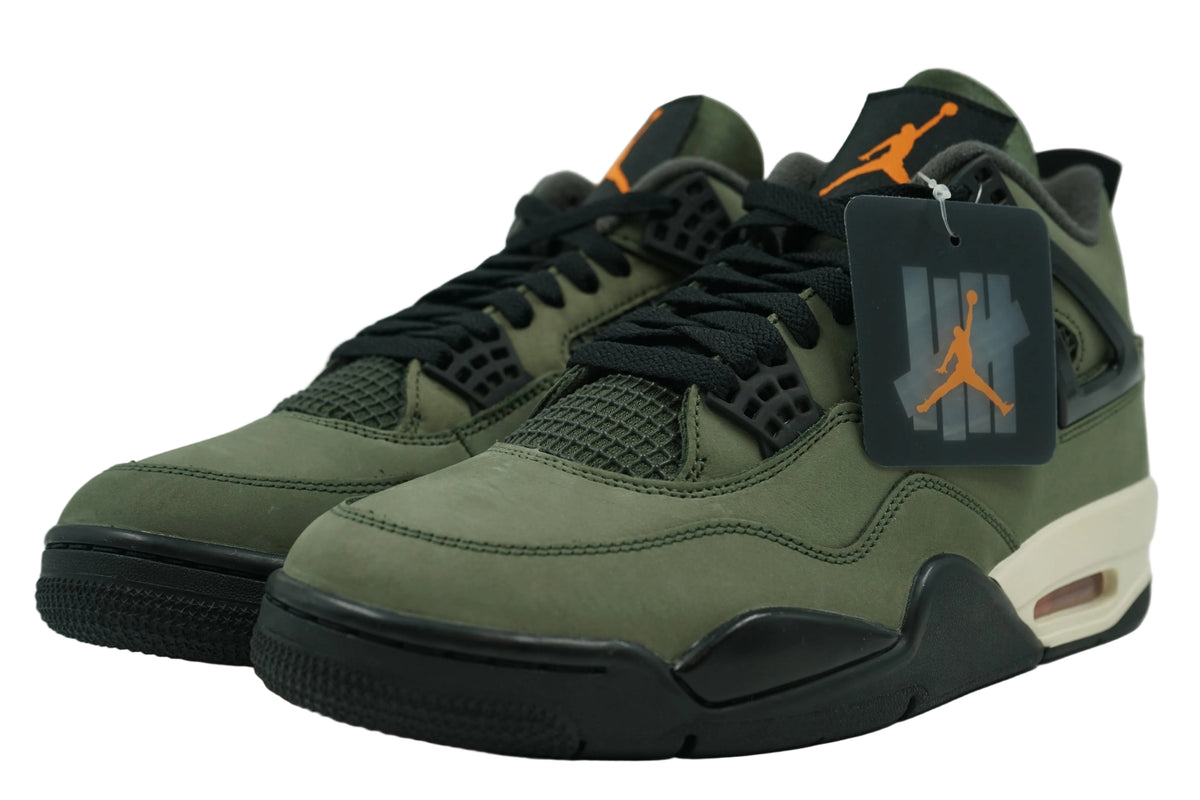 Brand new pair of Undefeated x Air Jordan 4 2025 in olive nubuck with orange Jumpman on tongue, front view