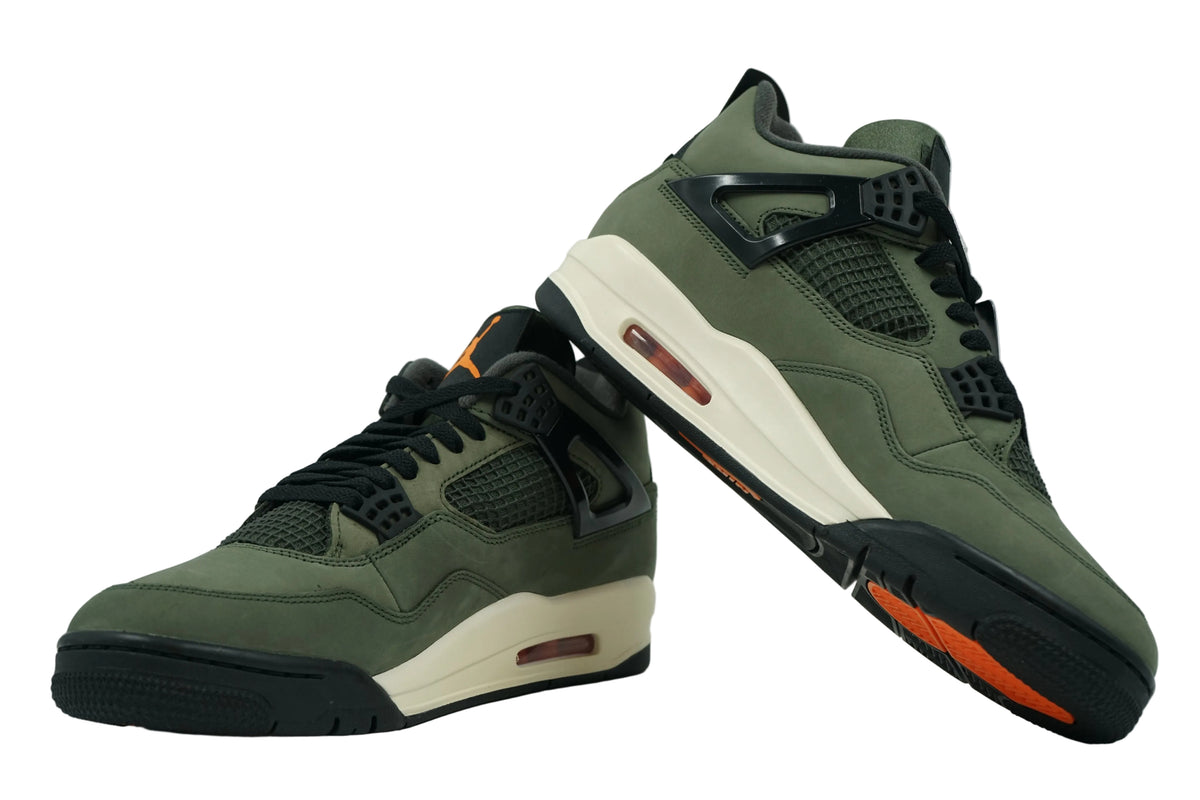 Brand new pair of Undefeated x Air Jordan 4 2025 in olive nubuck with sail midsole and orange accents, side view