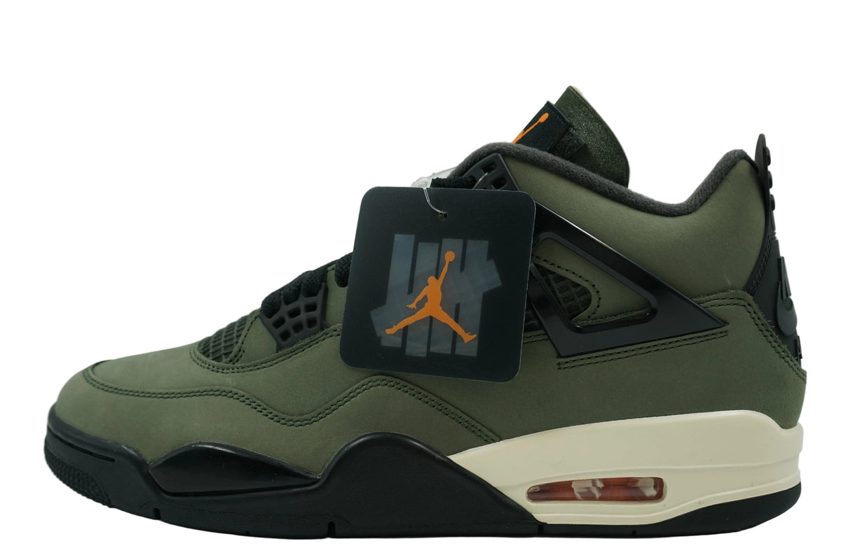Brand new Undefeated x Air Jordan 4 2025 in olive green nubuck with orange Air unit and hang tag, side view