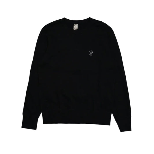 Pre-owned Uniqlo UT x KAWS x Peanuts sweatshirt in black with small embroidered Snoopy on chest, front view