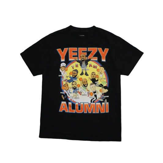 Pre-owned black graphic T-shirt with Yeezy Alumni basketball team cartoon print in orange and yellow, front view