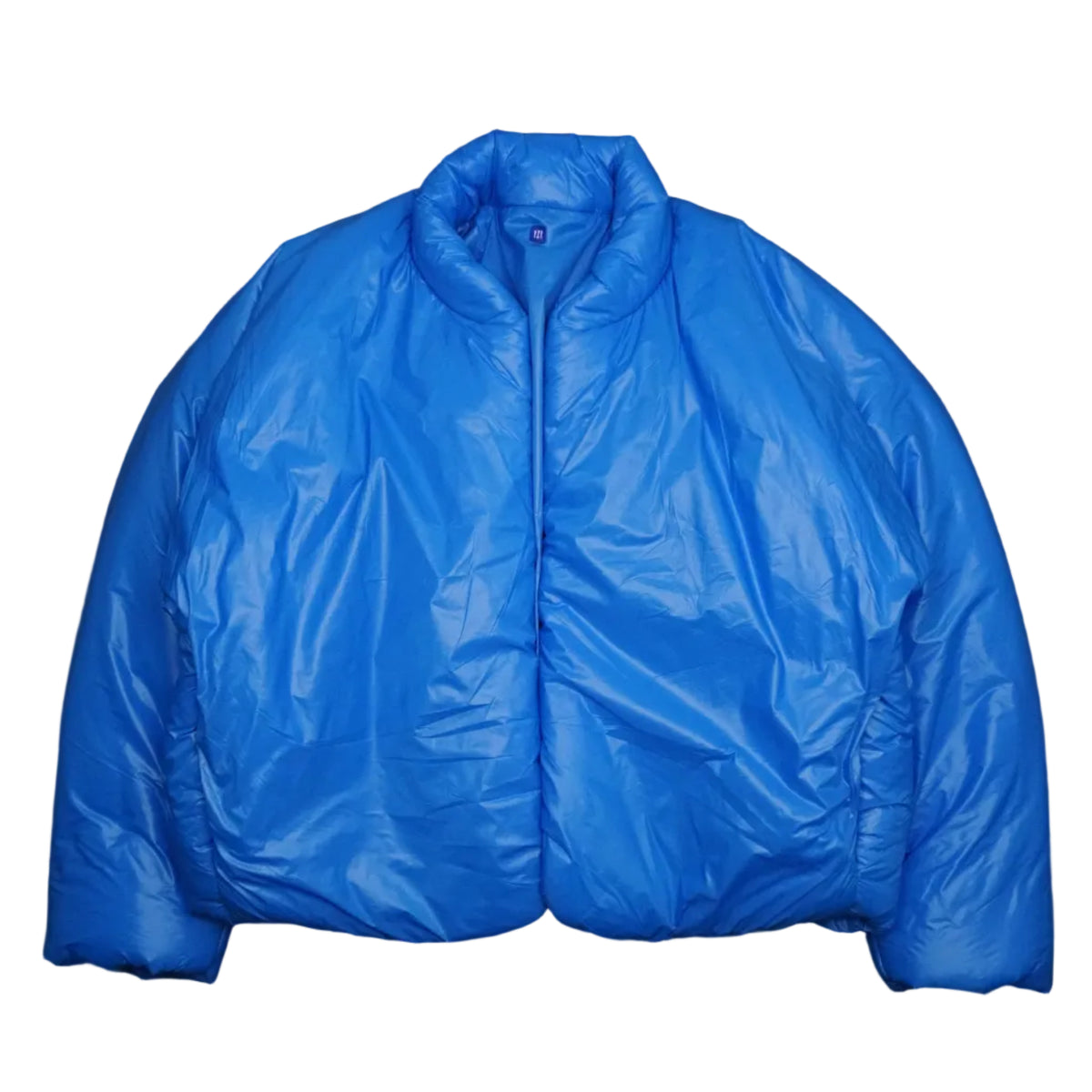 Pre-owned Yeezy x Gap Round Jacket in blue nylon, front view of cropped puffer silhouette